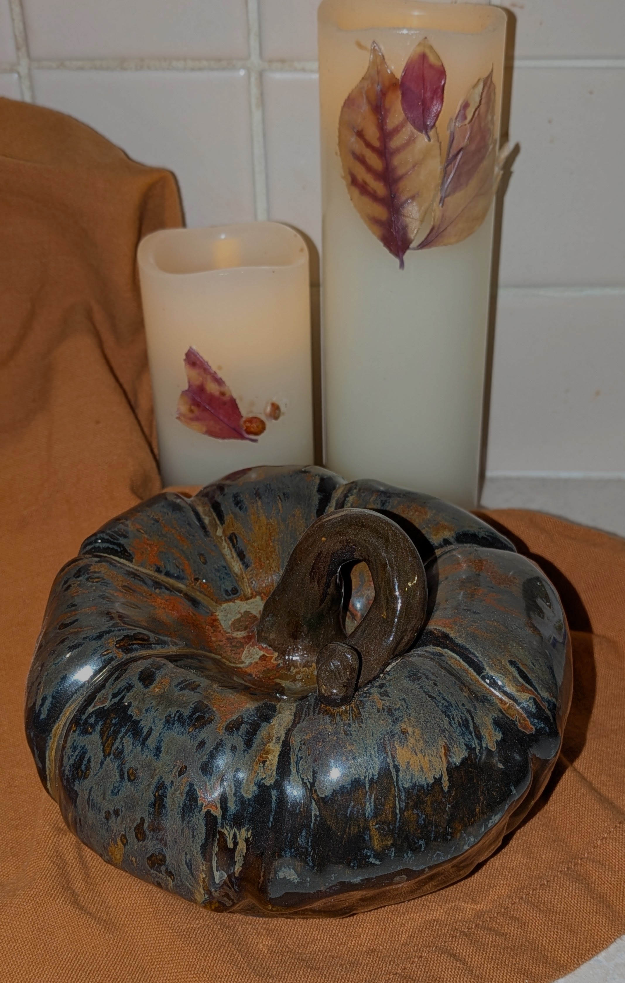 Pumpkin - Handmade pumpkin glazed in rustic, fall earth tones. Approximately 4" tall (at highest point of the stem) x 5" wide. - 30